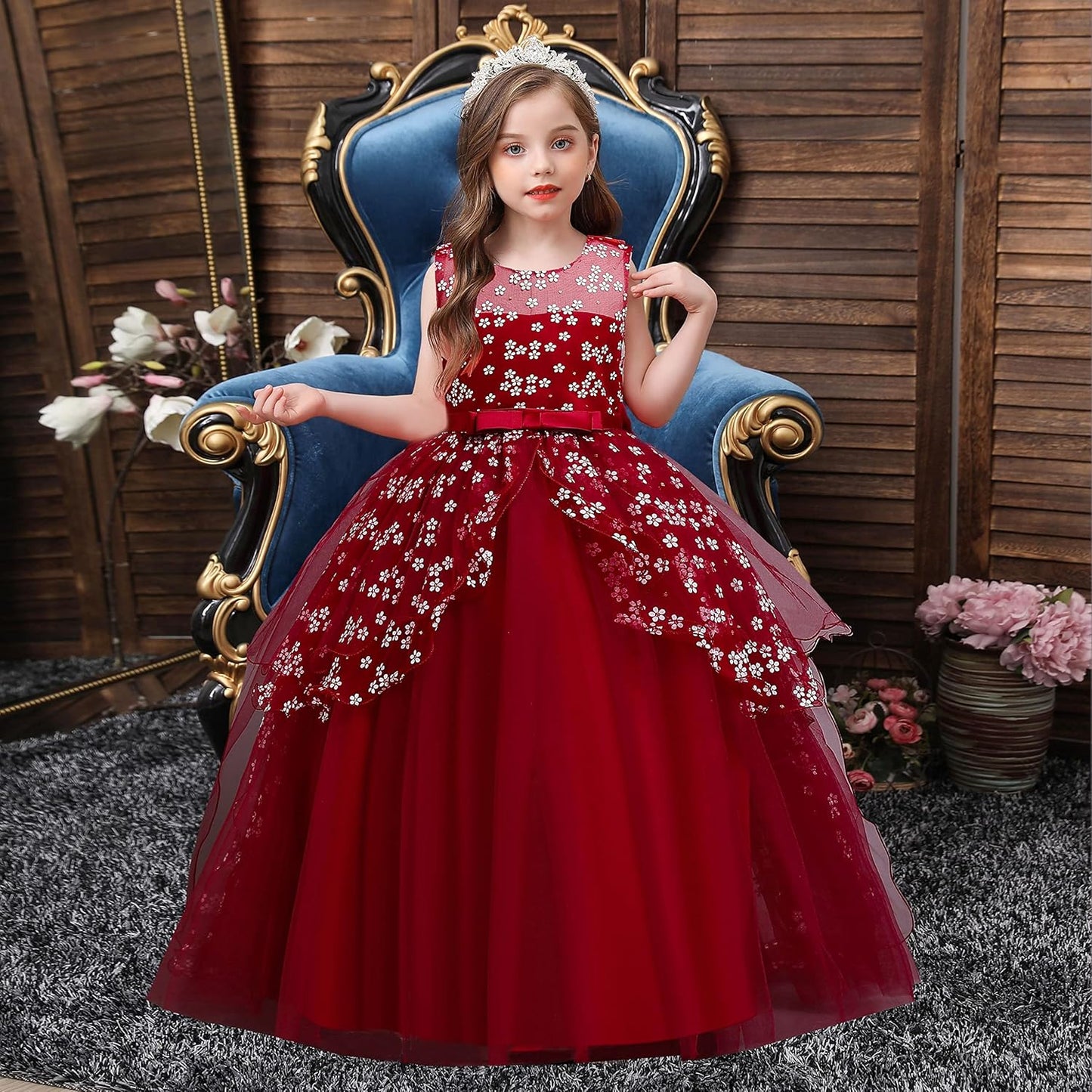 Flower Girl Dresses for Wedding Pageant Princess Dresses for Girls 1/4 Sleeves Ball Gown for Girls Party Dresses