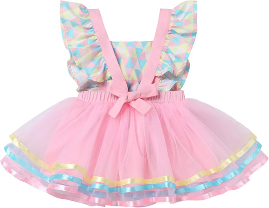 Baby Girl First Birthday Outfit Rainbow Tutu Princess Romper Dress Tiara Shoes 3Pcs Clothes Set for Cake Smash