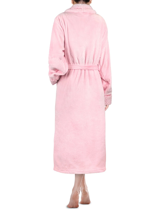 Soft Plush Women Fleece Robe, Pink Cozy Bathrobe, Female Long Spa Robe, Warm Housecoat, Satin Waffle Trim, L/XL