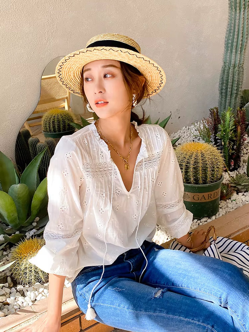 Gypsylady White Casual Chic Blouse Shirt Lace Patchwork Elegant Spring Women Blouse Ruffles Long Sleeve Hollow Out Ladies Top