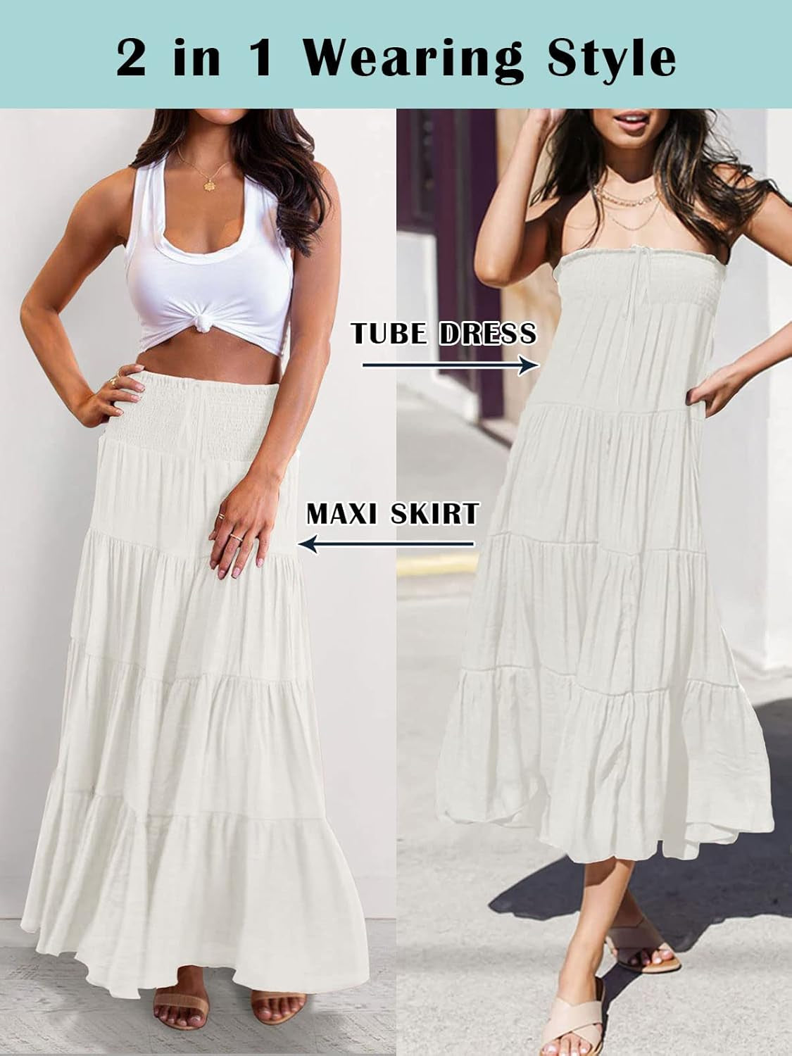 Women'S Summer Flowy Boho Maxi Skirt Trendy Drawstring Elastic High Waist Pleated Tiered a Line Beach Long Skirts