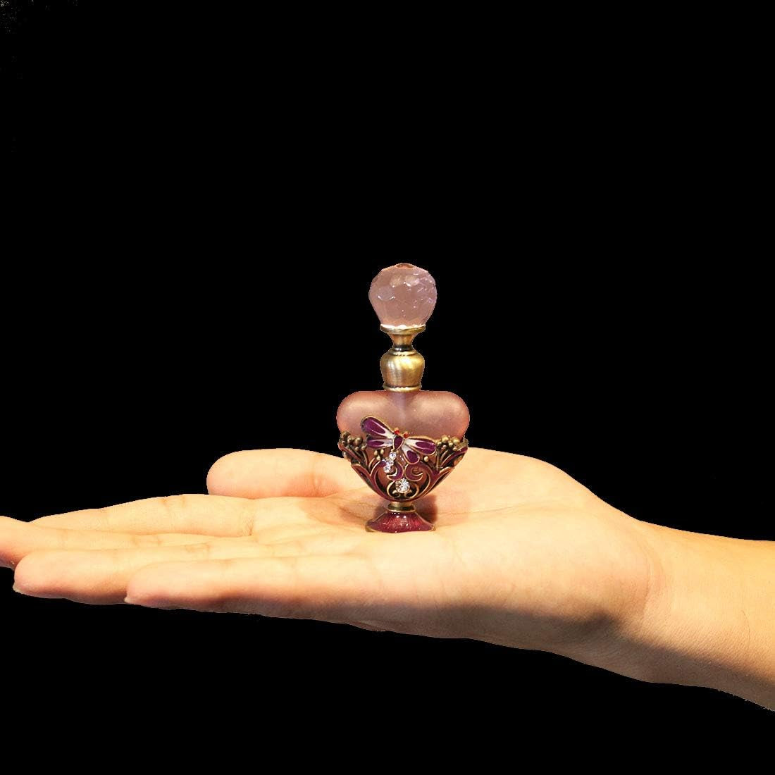 Vintage Dragonfly Pewter and Glass Perfume Bottle with Diamand, Empty Refillable Mini Perfume Bottle