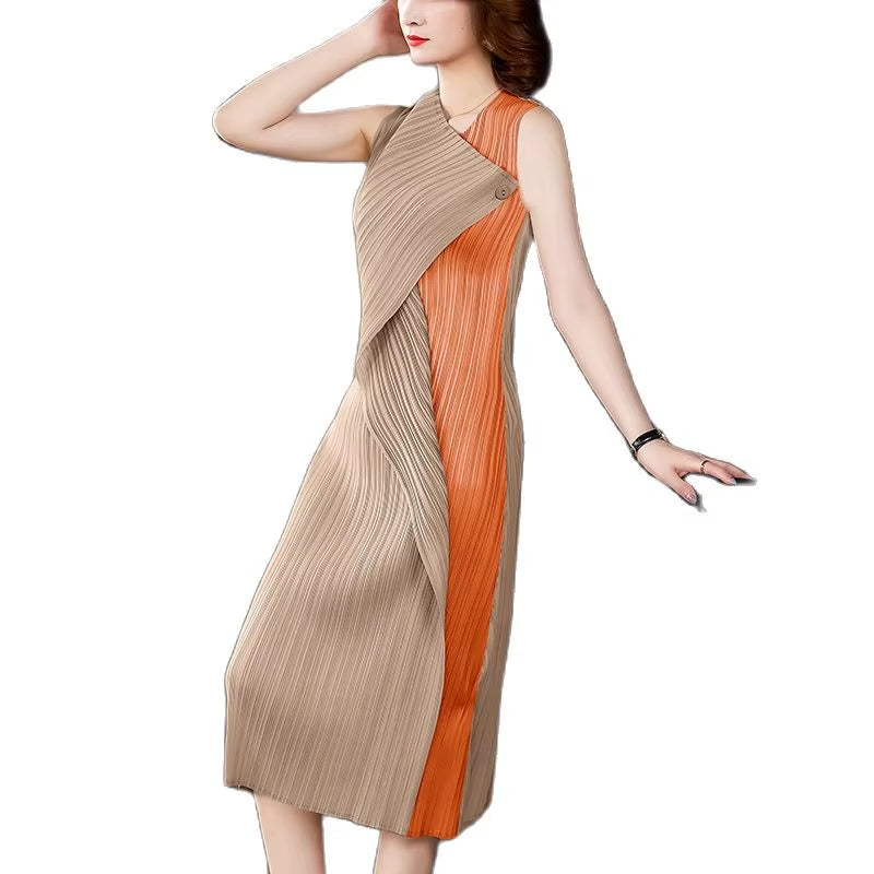High Quality Miyak Pleated Dress Loose Elegant and Noble Chic Design Dress Comfortable Stitching Contrast Dresses Clothing