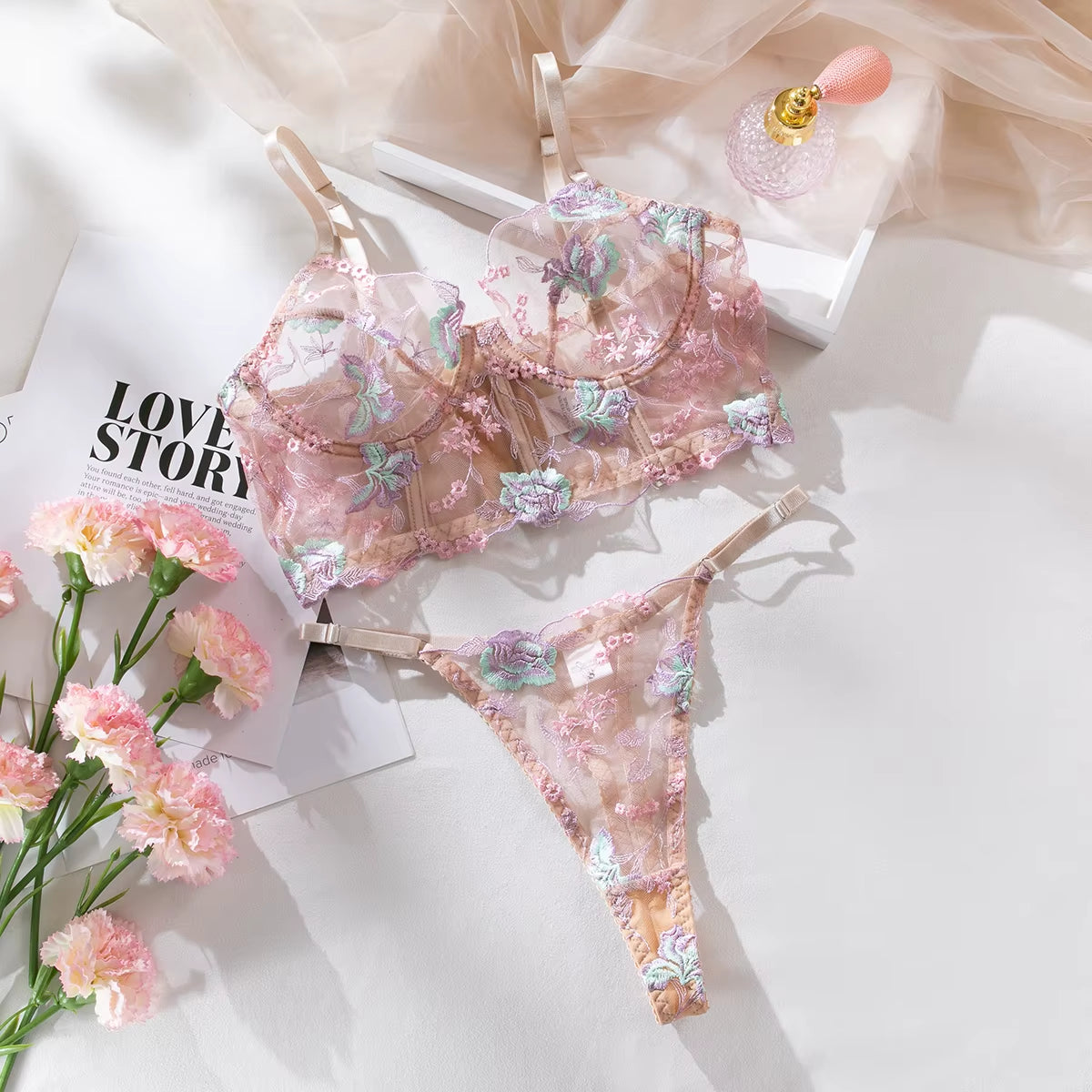 Floral Embroidery Lingerie Set Women Boho Intimates Sensual Sexy 2-Piece Bra + Panty Underwear Set