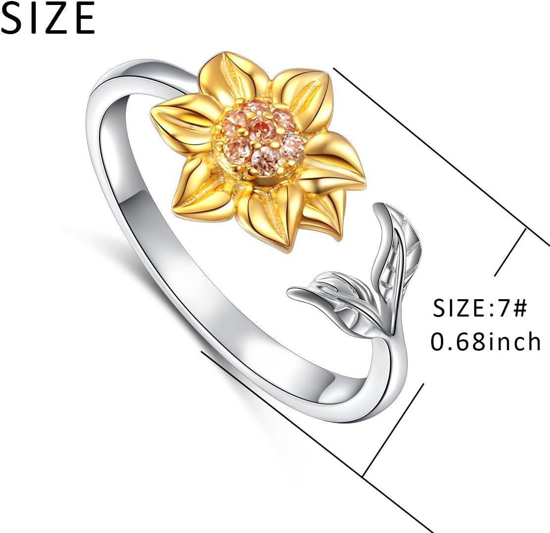 S925 Sterling Silver Sunflower with CZ Ring Adjustable Size 5 6 7 8 9