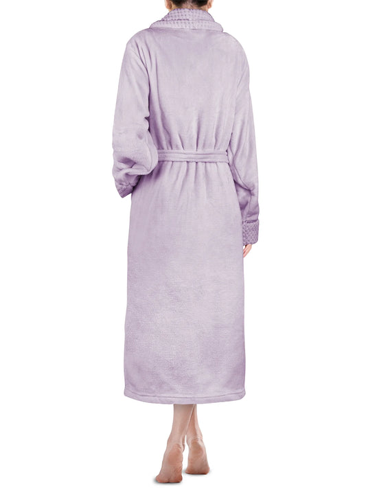Soft Plush Women Fleece Robe, Lavender Light Purple Cozy Bathrobe, Female Long Spa Robe, Warm Housecoat, Satin Waffle Trim, L/XL