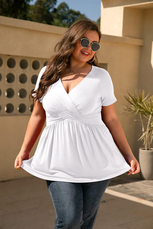 Women'S plus Size Dressy Tops Wrap Shirt Short Sleeve Tunic Top V Neck Low Cut Cute Blouse