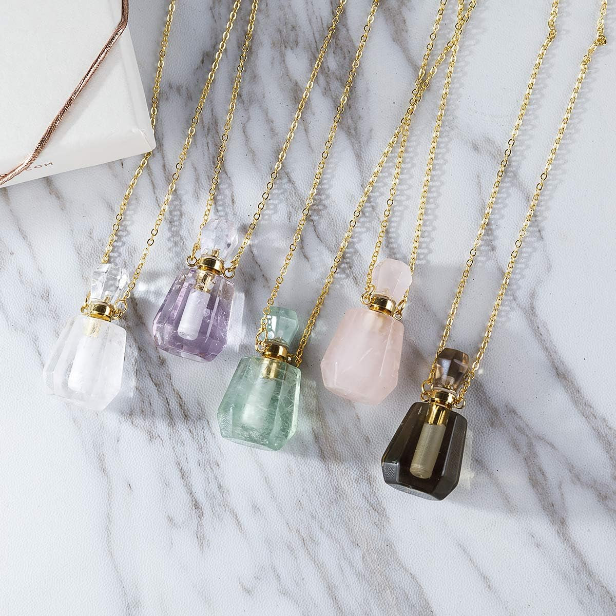 Gemstone Crystal Perfume Bottle Diffuser Necklace - Aromatherapy Essential Oil Travel Locket Pendant Charm Fragrance Carrier Flask Chain