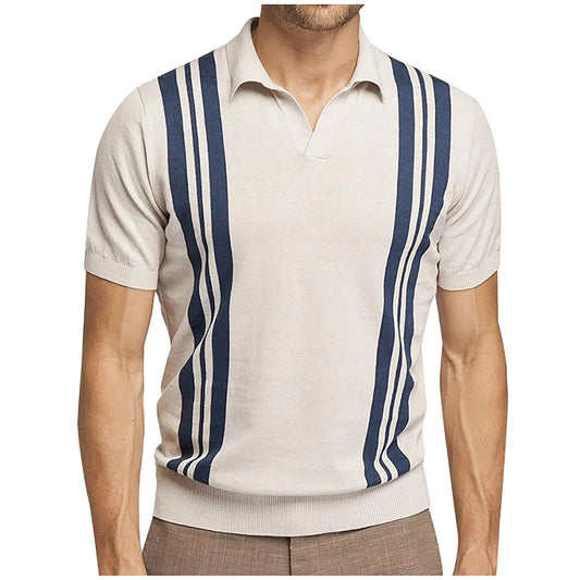 Men'S Short Sleeve Shirt Knit Striped Lapel Shirt Tops
