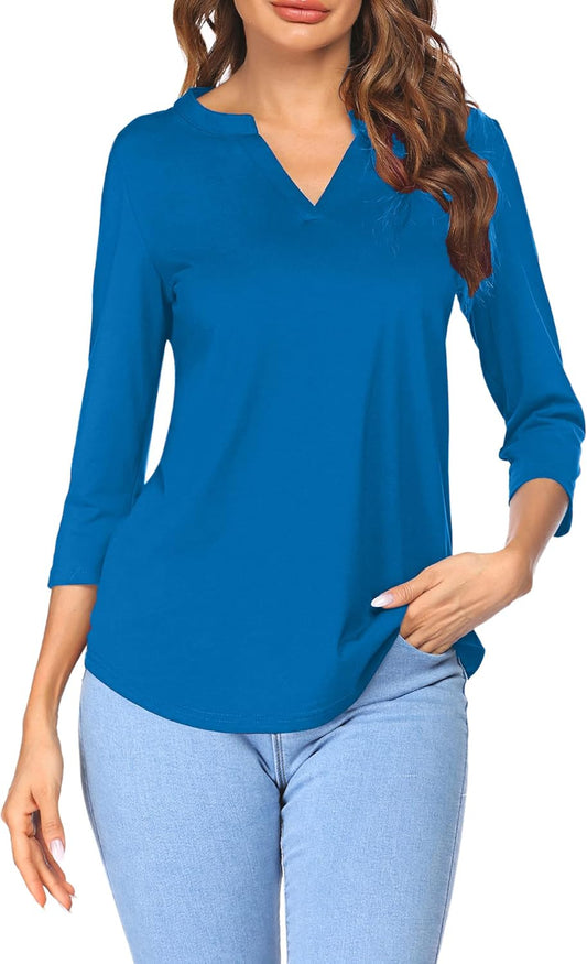 Women'S 3/4 Sleeve Shirts V Neck Casual Henley Work Tops Blouses