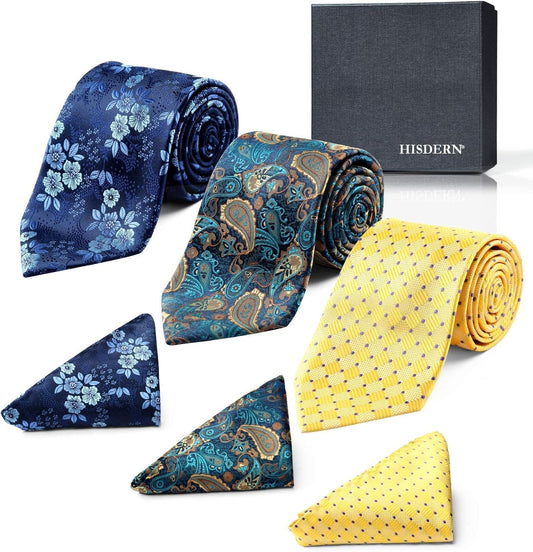 Mens Ties and Pocket Square Set Business Elegant Ties for Men Classic Lot 3 Pcs Wedding Party Neckties & Handkerchief