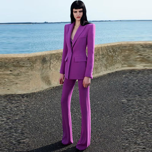 HIGH QUALITY Newest 2025 Runway Designer Suit Set Women'S Single Button Blazer Flare Pants Suit Fluorescent Purple