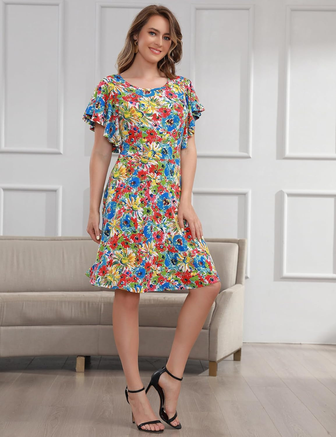 Women'S Flutter Sleeve Cute Fit and Flare Flowy Casual Summer Dress Cocktail Party Wedding Guest