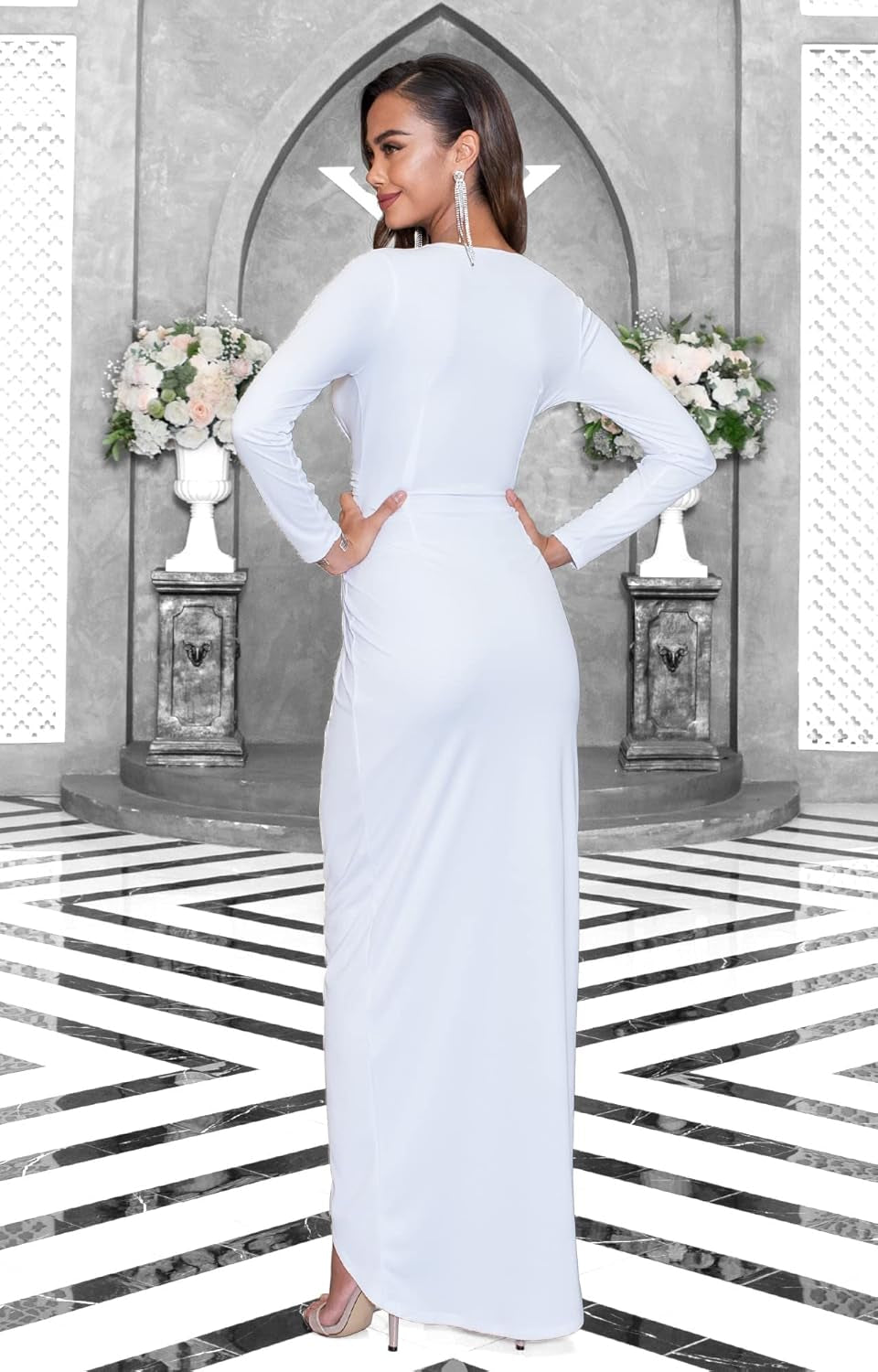 Womens Long Sleeve Formal Wrap Draped Cocktail V-Neck Gown Maxi Dress