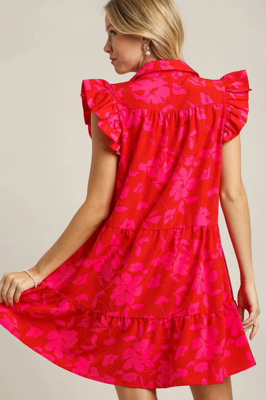 Umgee Full Size Floral Print Ruffle Cap Sleeve Tiered Dress plus Size
