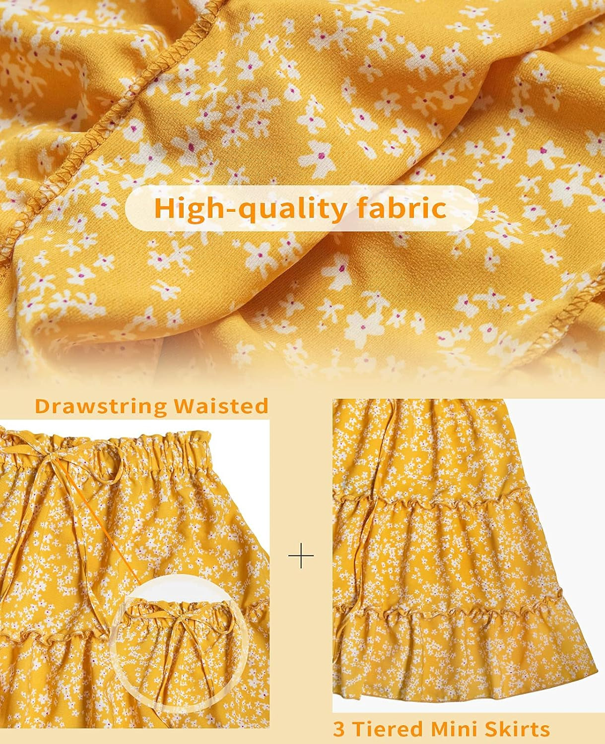 Women'S Summer Boho Floral Print Mini Skirt High Waist Drawstring Tiered Skirts