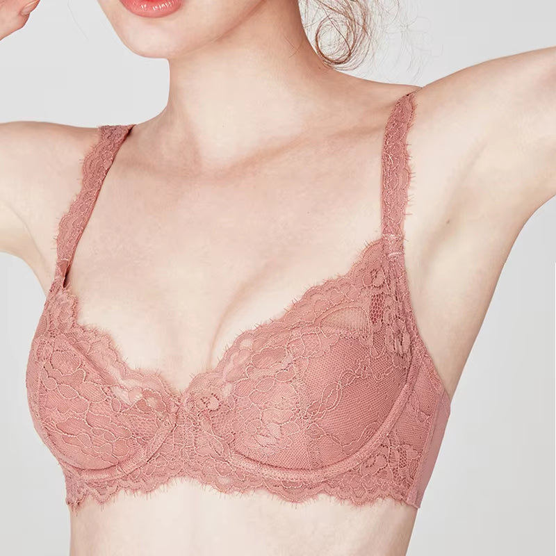 Floral Pink Lace Underwear Women Bra Set plus Size Ultra Thin Underwire Push up Bras and Panties Female Sexy Lingerie a B C D E