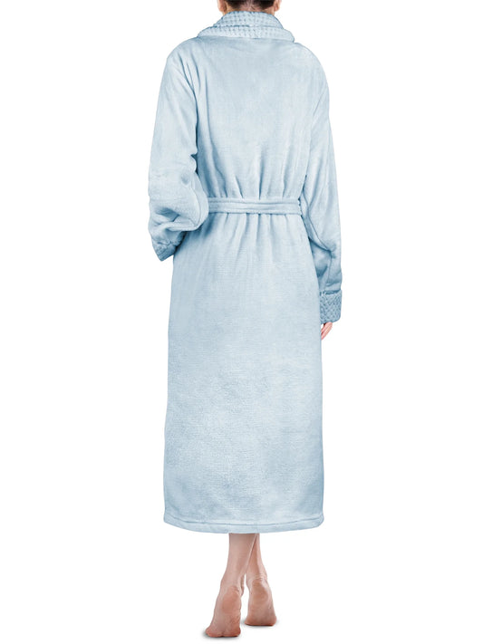 Soft Plush Women Fleece Robe, Light Blue Cozy Bathrobe, Female Long Spa Robe, Warm Housecoat, Satin Waffle Trim, S/M