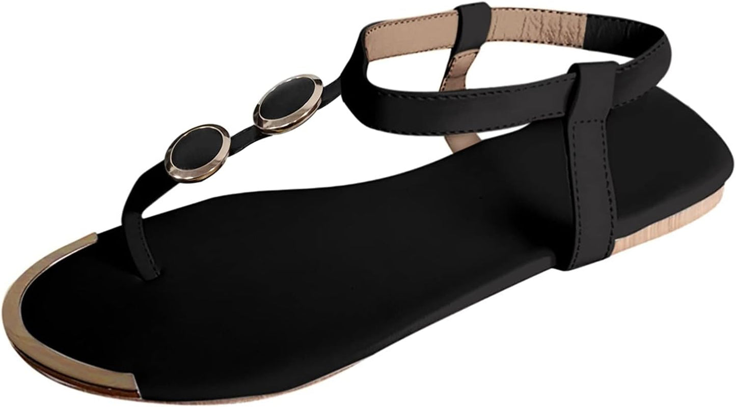 Sandals for Women Summer Casual Comfy Gladiator Sandals Retro Back Zip Flat Heel T-Strap Clip-Toe Shoes Bohemian Beach Sandals Black