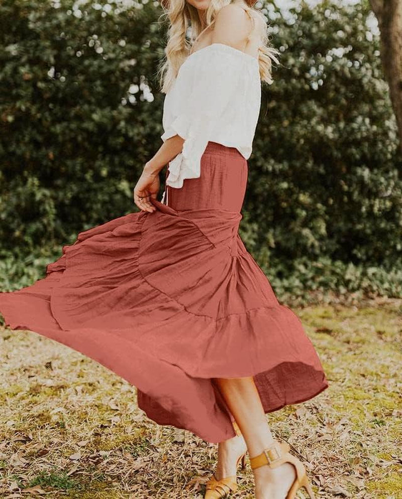 Women'S Summer Flowy Boho Maxi Skirt Trendy Drawstring Elastic High Waist Pleated Tiered a Line Beach Long Skirts