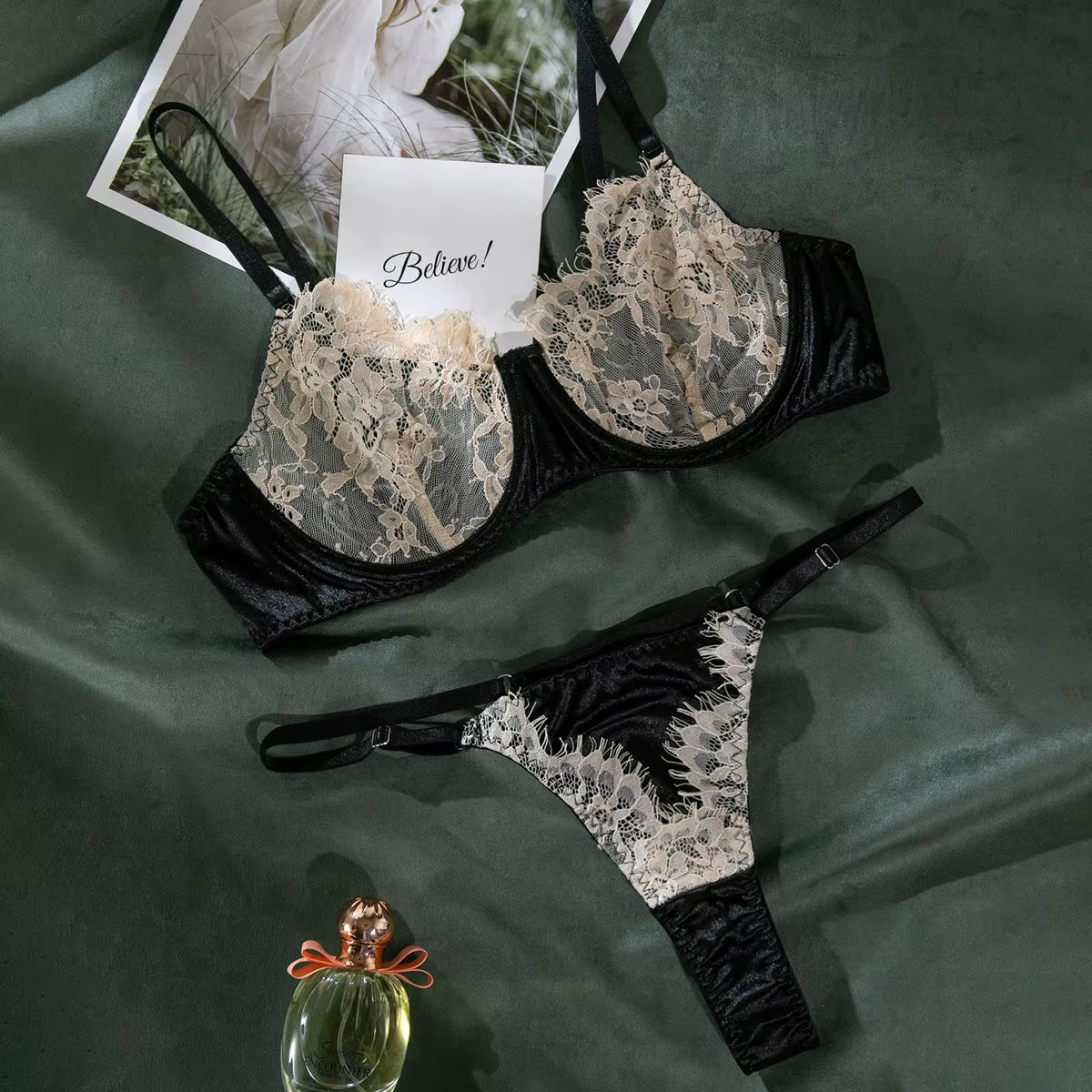 2-Piece Contrast Colors Lace Lingerie Set Women Transparent Underwear Set Bra Brief Kit Intimates