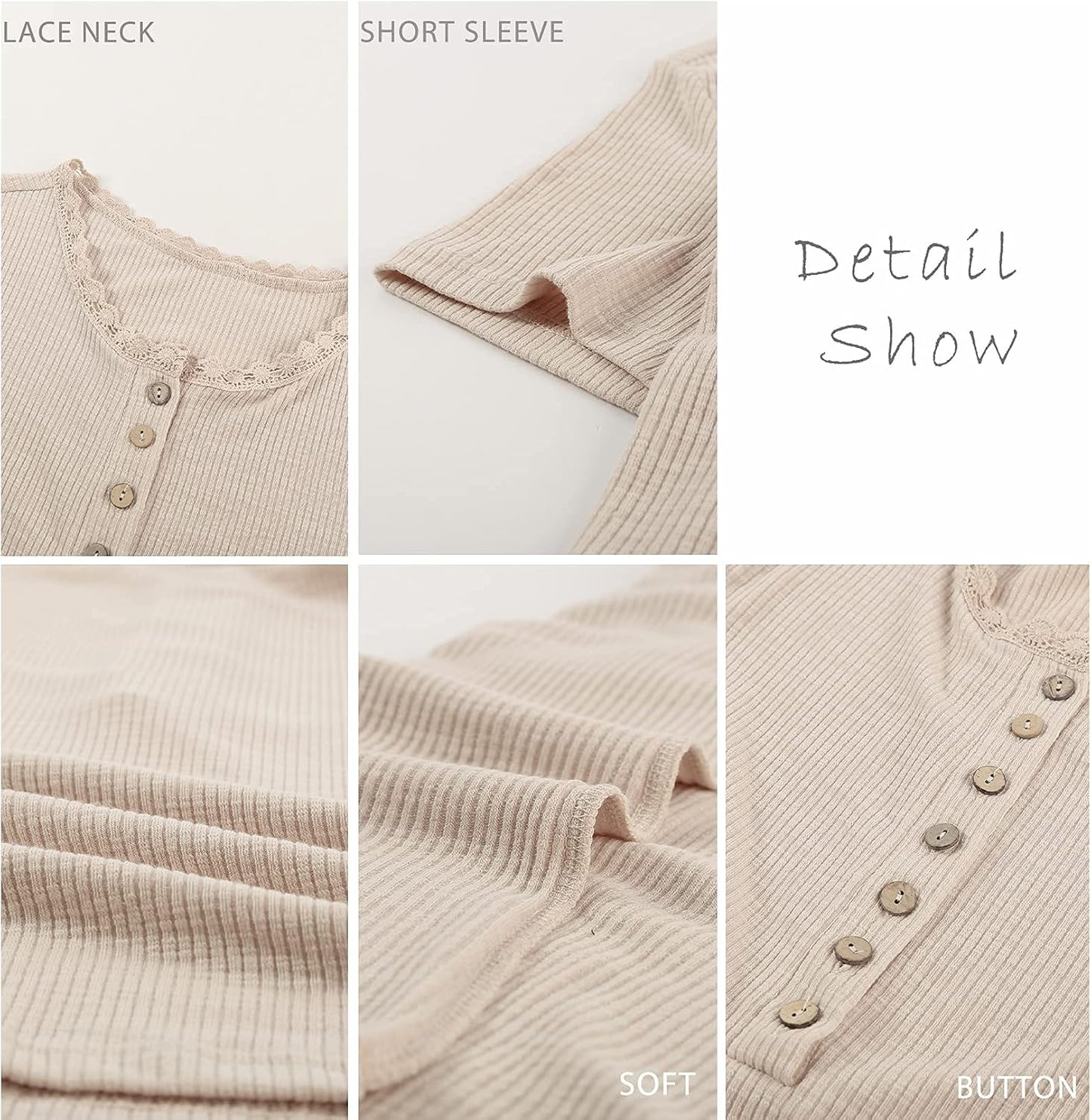 Women 2025 Summer Henley Tunic Top V Neck Short Sleeve Button up Solid Slim Fit Casual Ribbed Knit Shirt Blouses