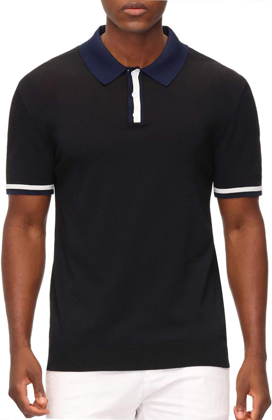 Mens Regular Fit Polo Shirts Short Sleeve Golf Knitwear for Summer Solid-Black