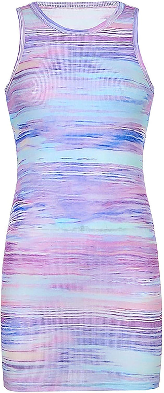 Mini Dress for Women Sleeveless Tie Dye Bodycon Tank Dress round Neck Knitted Dress Purple,Large