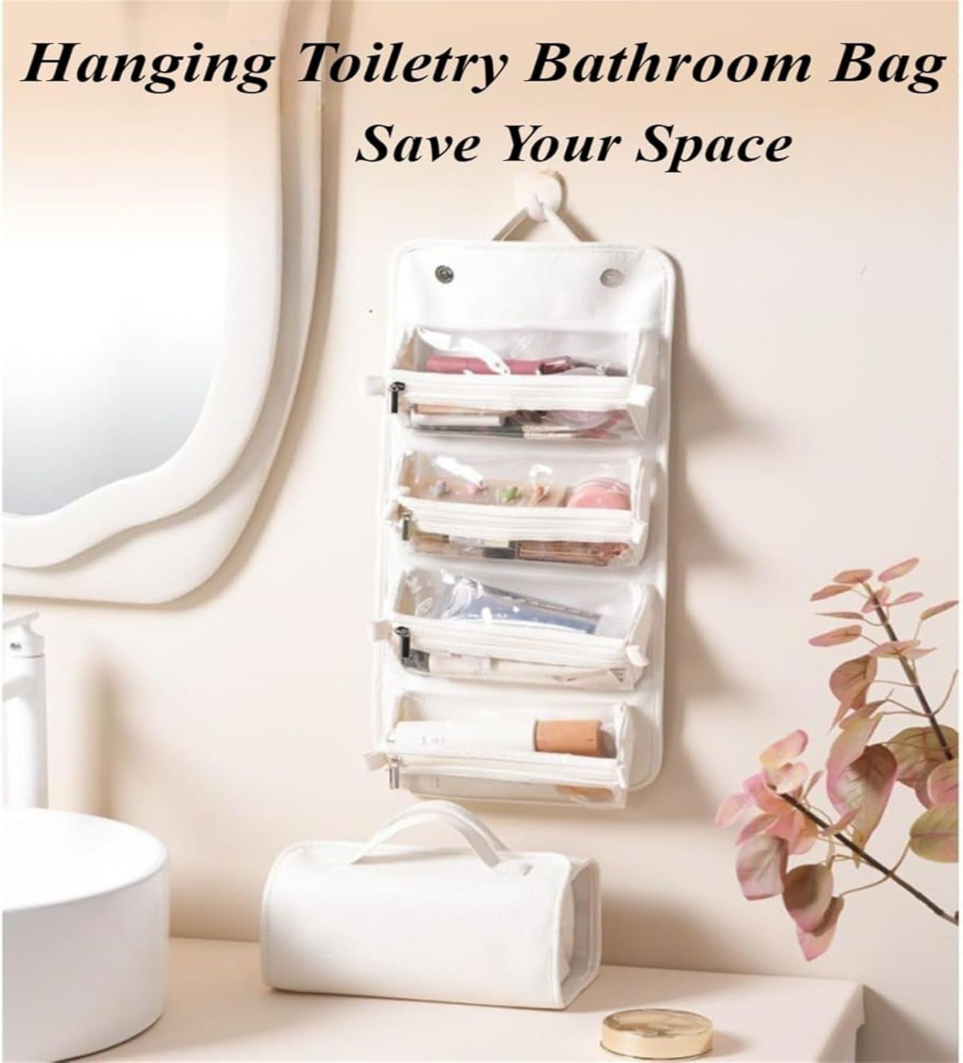 Leather Waterproof Cosmetic Bag, Leather Cosmetic Bag, Leather Waterproof Cosmetic Bag Detachable 4 in 1, Leather Waterproof Rollup Cosmetic Bag with 4 Detachable Clear Compartment-Brown
