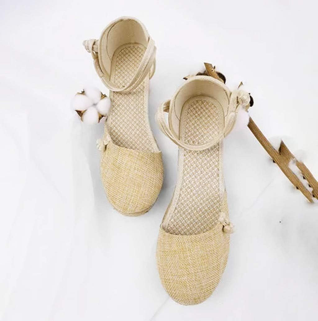Women Closed Toe Ankle Strap Espadrille Sandals Retro Style Platform Wedge Thick Bottom Shoes Beige