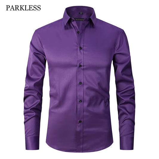 Men'S Purple Bamboo Fiber Dress Shirts Brand Long Sleeve Shirt Solid Slim Fit Casual Formal Non Iron Work Shirt Camisa Masculina