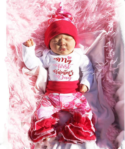 Newborn Baby Girls Valentine'S Day Outfits Ruffle Long Sleeve Romper Love Long Pants Headband 3Pcs Clothes (My First Valentine'S Day, 0-3M)