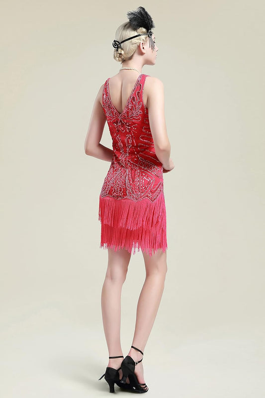 Women'S Flapper Dresses 1920S V Neck Beaded Fringed Great Gatsby Dress Rose Red