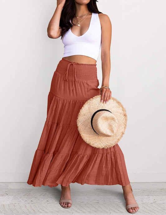Women'S Summer Flowy Boho Maxi Skirt Trendy Drawstring Elastic High Waist Pleated Tiered a Line Beach Long Skirts