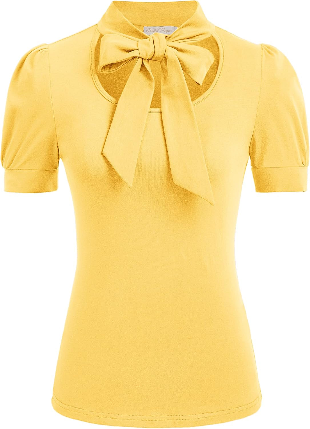 Women'S Vintage Hollow Out Tops 1950S Puff Sleeve T-Shirt with Bow Tie,Light Yellow,2Xl