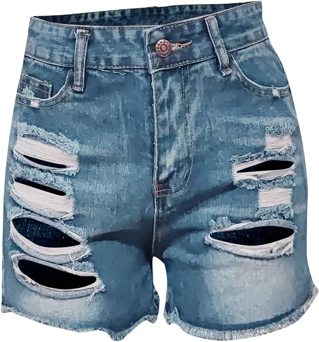 Denim Shorts for Women Summer Retro Ripped Jean Sexy Slim Hole Street Zipper Closure, Blue, Medium
