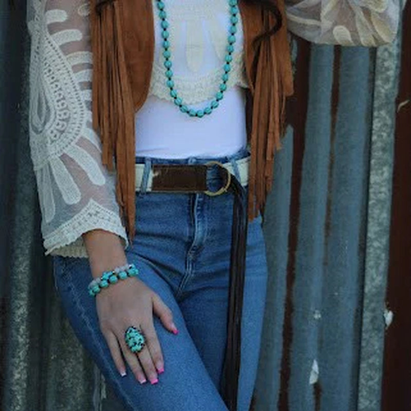 Hair-On-Hide Brown & White Leather Belt W/ Fringe