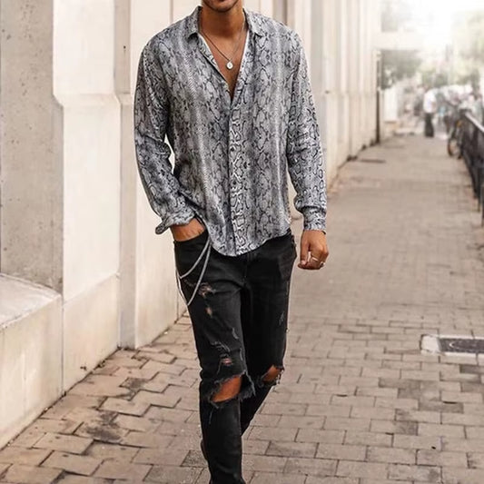 Men'S Luxury Snake Printed Button-Down Shirt Long Sleeve Casual Turn down Luxury Shirts for Men Fashion Autumn Clothing