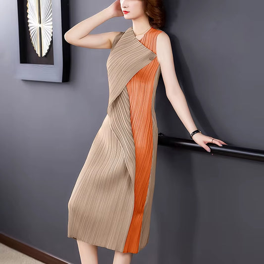 High Quality Miyak Pleated Dress Loose Elegant and Noble Chic Design Dress Comfortable Stitching Contrast Dresses Clothing