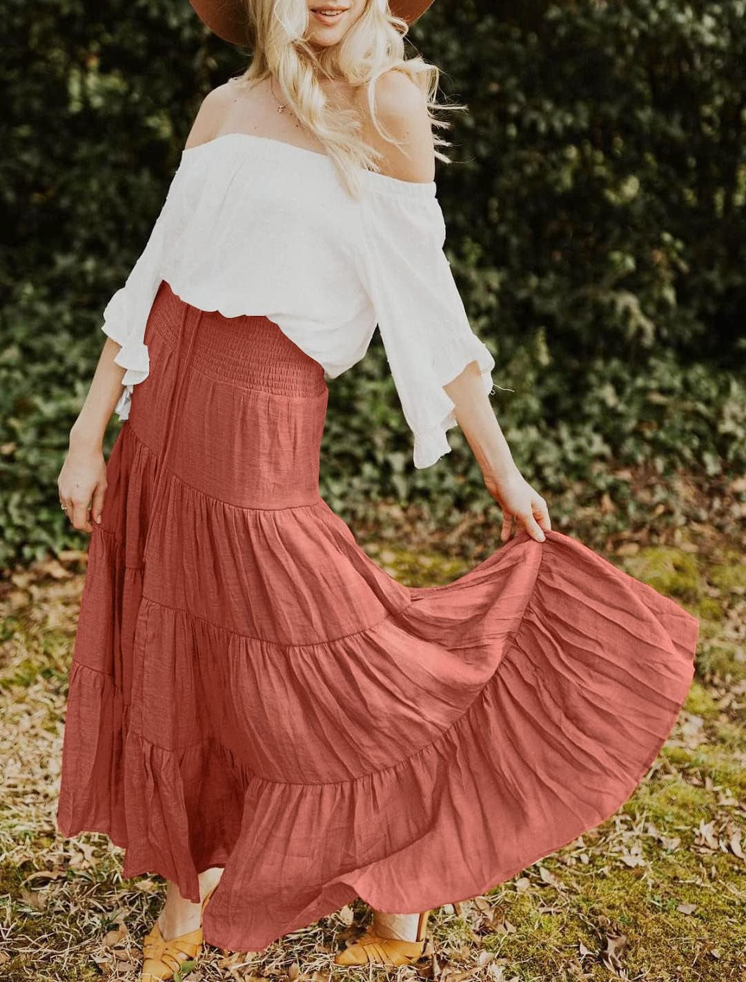 Women'S Summer Flowy Boho Maxi Skirt Trendy Drawstring Elastic High Waist Pleated Tiered a Line Beach Long Skirts
