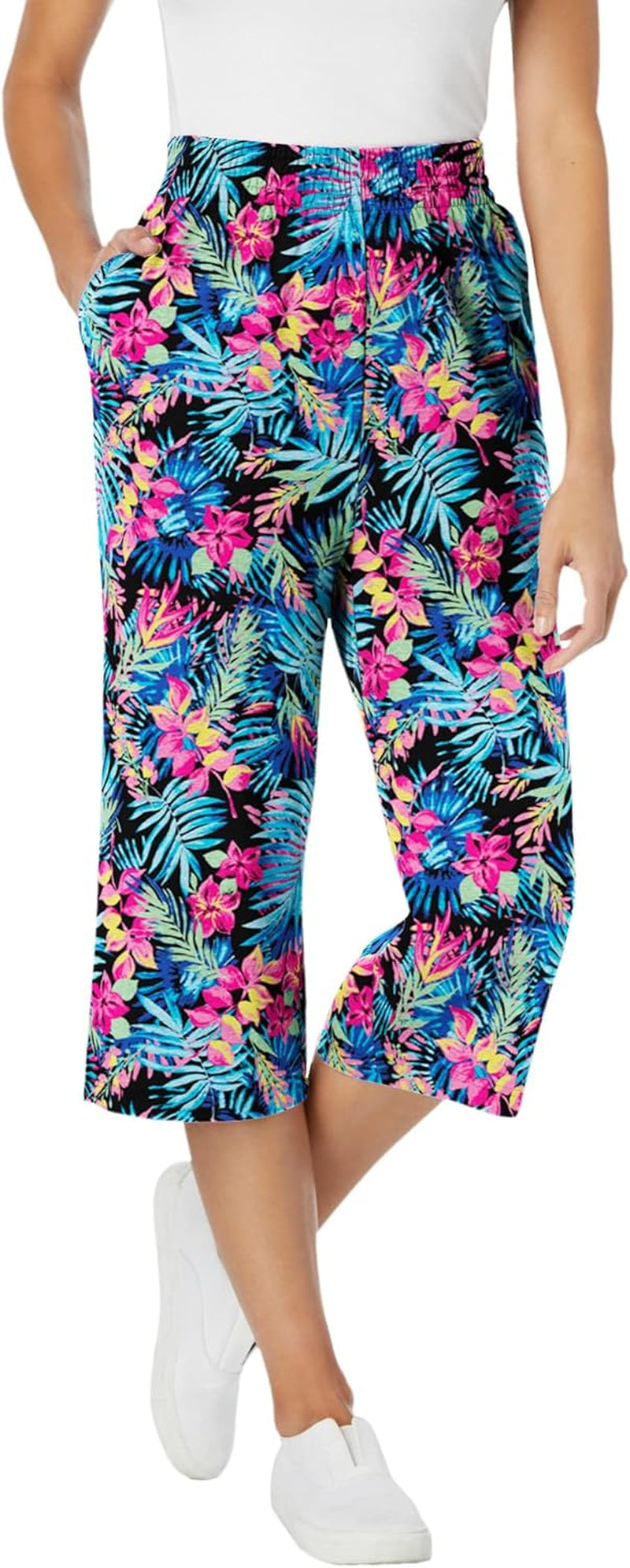Women'S plus Size Elastic-Waist Knit Capri Pant - 4X, Purple Magenta Blossom