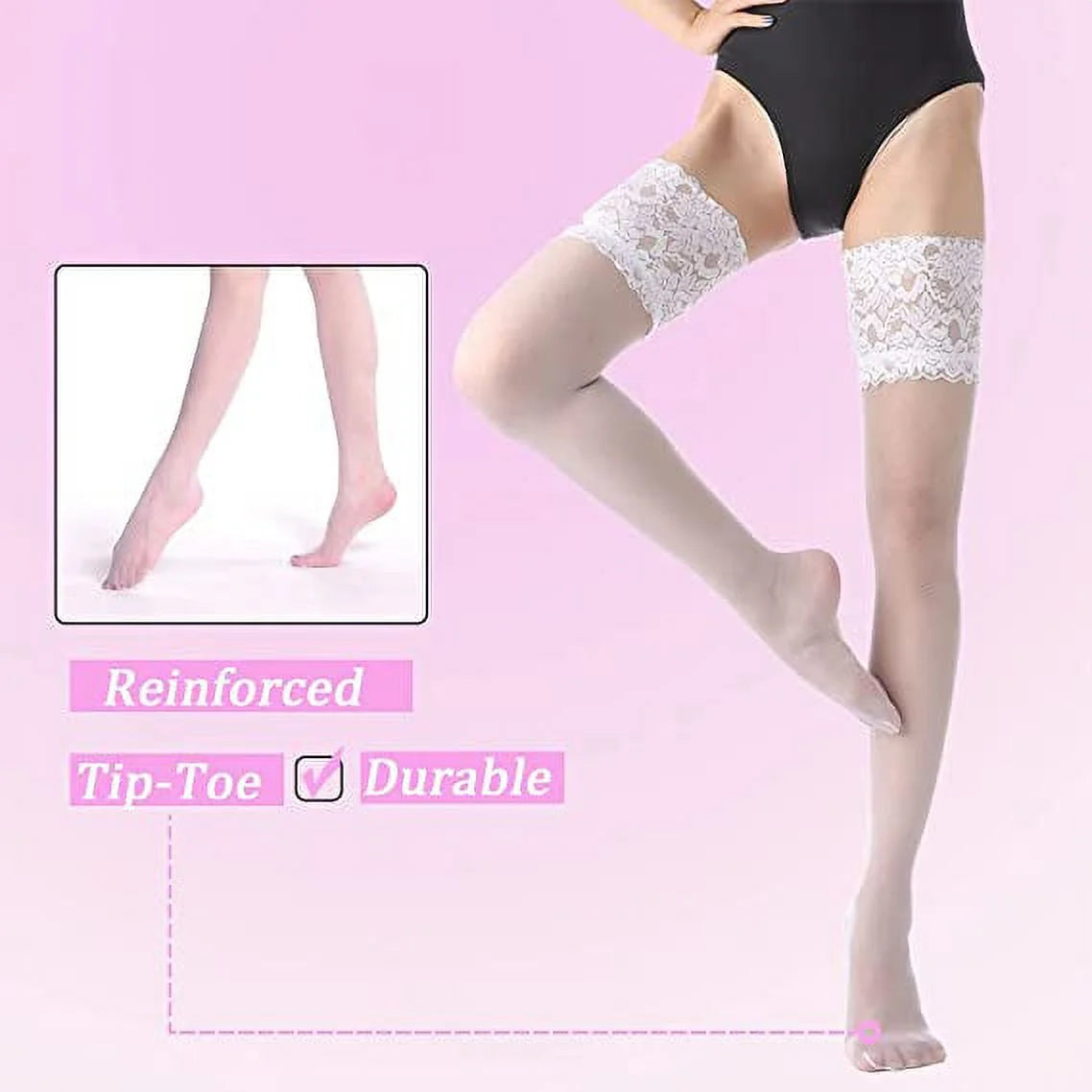 Thigh High Stockings with Silicone - 15D Sheer Lace Top Nylon Stay up Pantyhose for Women