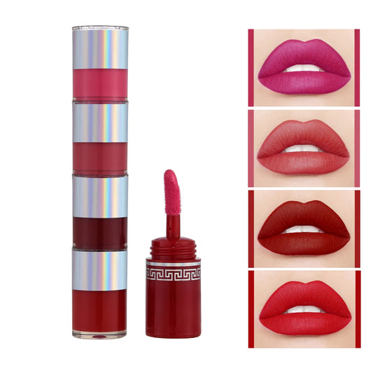 4 In1 Matte Lipstick Kit Combo Strip Velvet Sexy Red Lip Tint Non-Stick Cup Lip Gloss Lip Oil Makeup Lips Cosmetic Set Wholesale