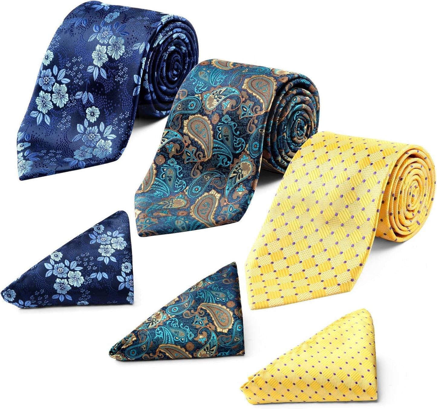 Mens Ties and Pocket Square Set Business Elegant Ties for Men Classic Lot 3 Pcs Wedding Party Neckties & Handkerchief