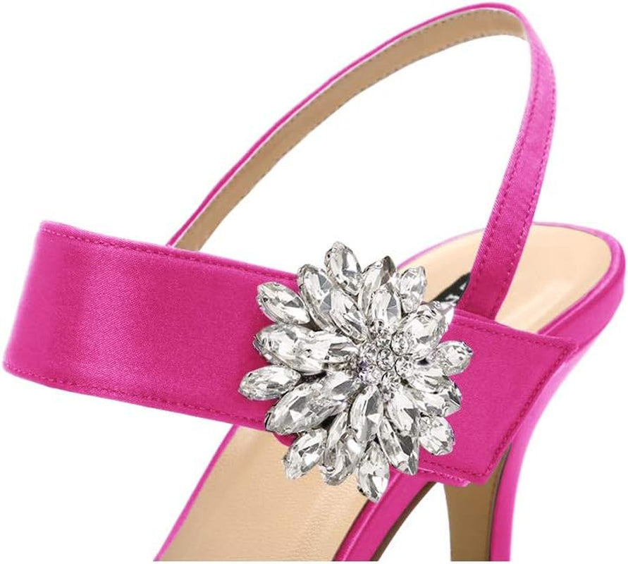 Mid Heel Shoes for Women Pointed Toe Slingback Rhinestone Brooch Satin Dress Pumps Evening Prom Wedding Shoes