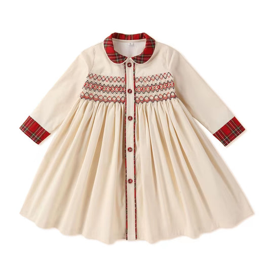 Children Girls Vintage Spanish Princess Plaid Dress for Girl Elegant Handmade Smocked Long Sleeve Dress 2023 Autumn Kids Costume