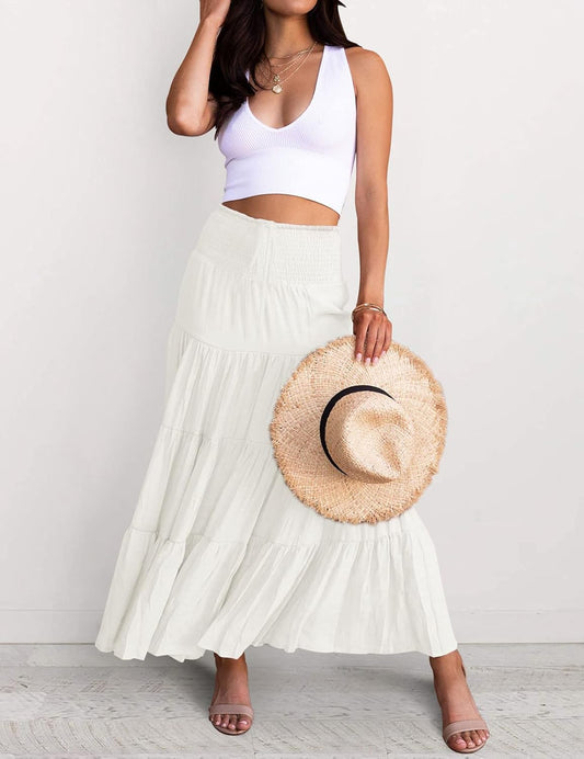 Women'S Summer Flowy Boho Maxi Skirt Trendy Drawstring Elastic High Waist Pleated Tiered a Line Beach Long Skirts