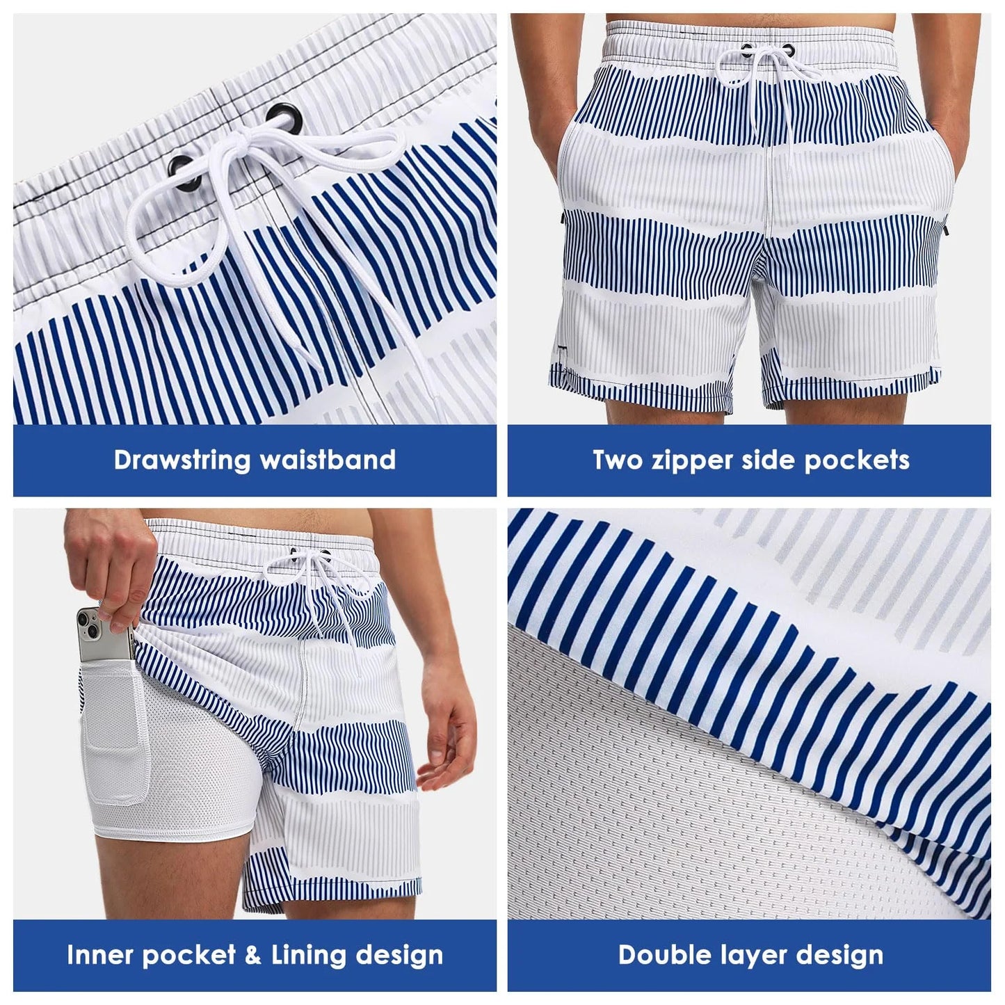 Mens Swim Trunks Stretch Water Beach Shorts with Compression Liner 2 in 1 Quick-Dry Swimming Shorts with Zipper Pockets, Blue White Stripes, M