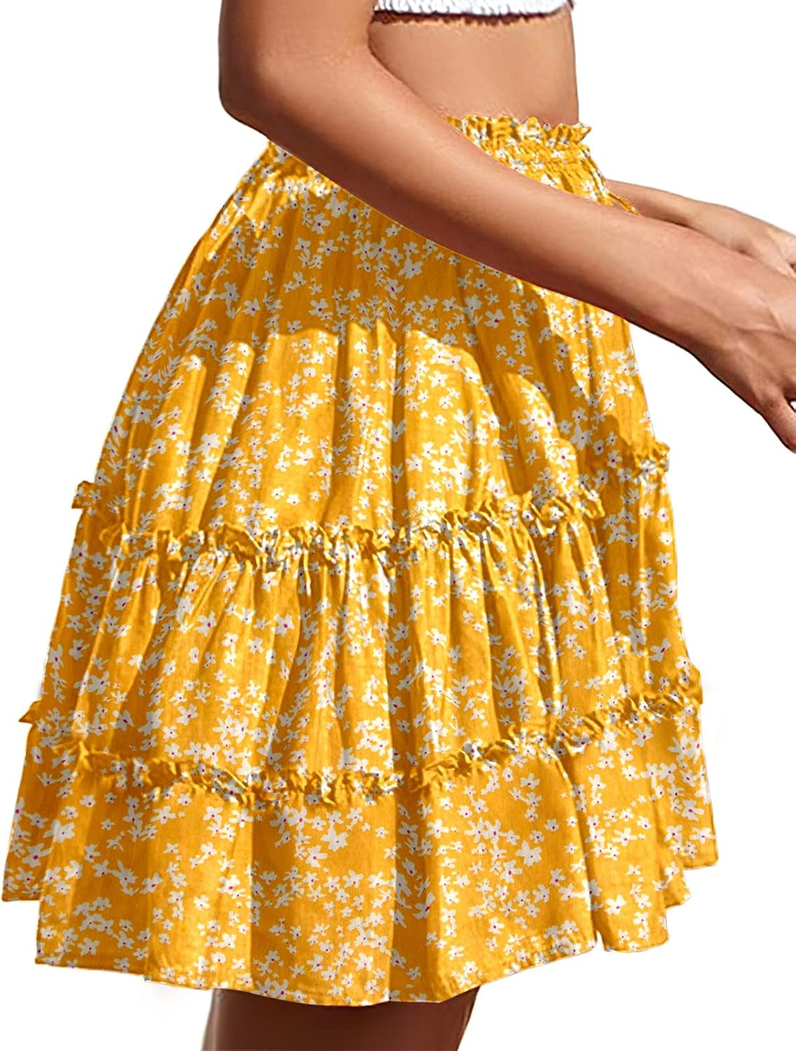 Women'S Summer Boho Floral Print Mini Skirt High Waist Drawstring Tiered Skirts