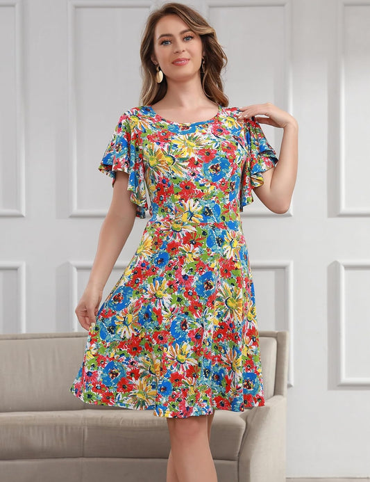 Women'S Flutter Sleeve Cute Fit and Flare Flowy Casual Summer Dress Cocktail Party Wedding Guest